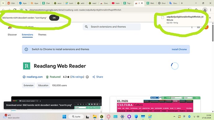 Readlang installation failure screenshot